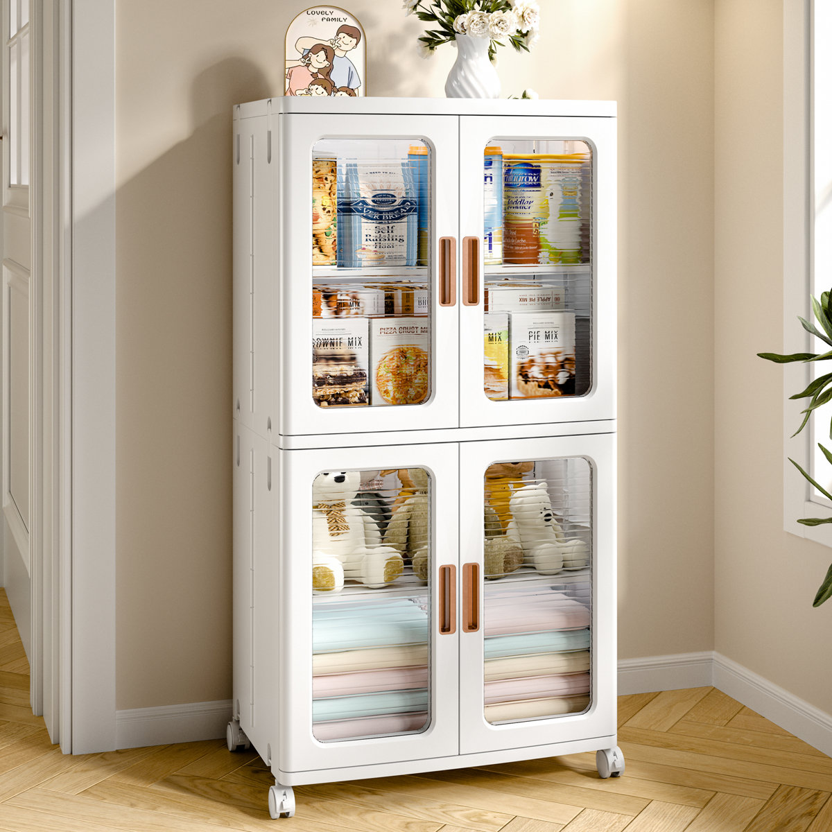 2-Tier Stackable Storage Bin With Doors And Adjustable Shelves Rolling Plastic Folding Storage Cabinet Collapsible Closet For Home Dorms Organizer